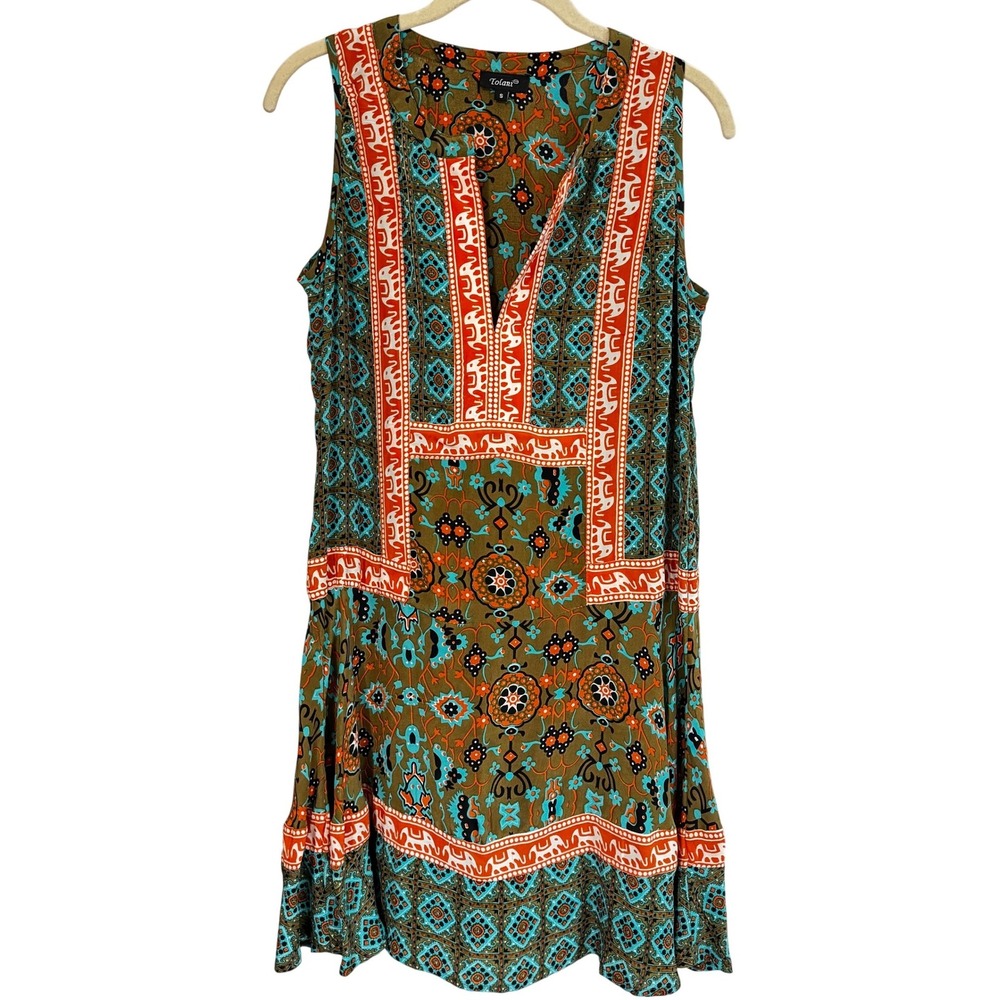 Tolani Silk Dress V-Neck Sleeveless Shift Dress Tribal Boho Resort Summer Small